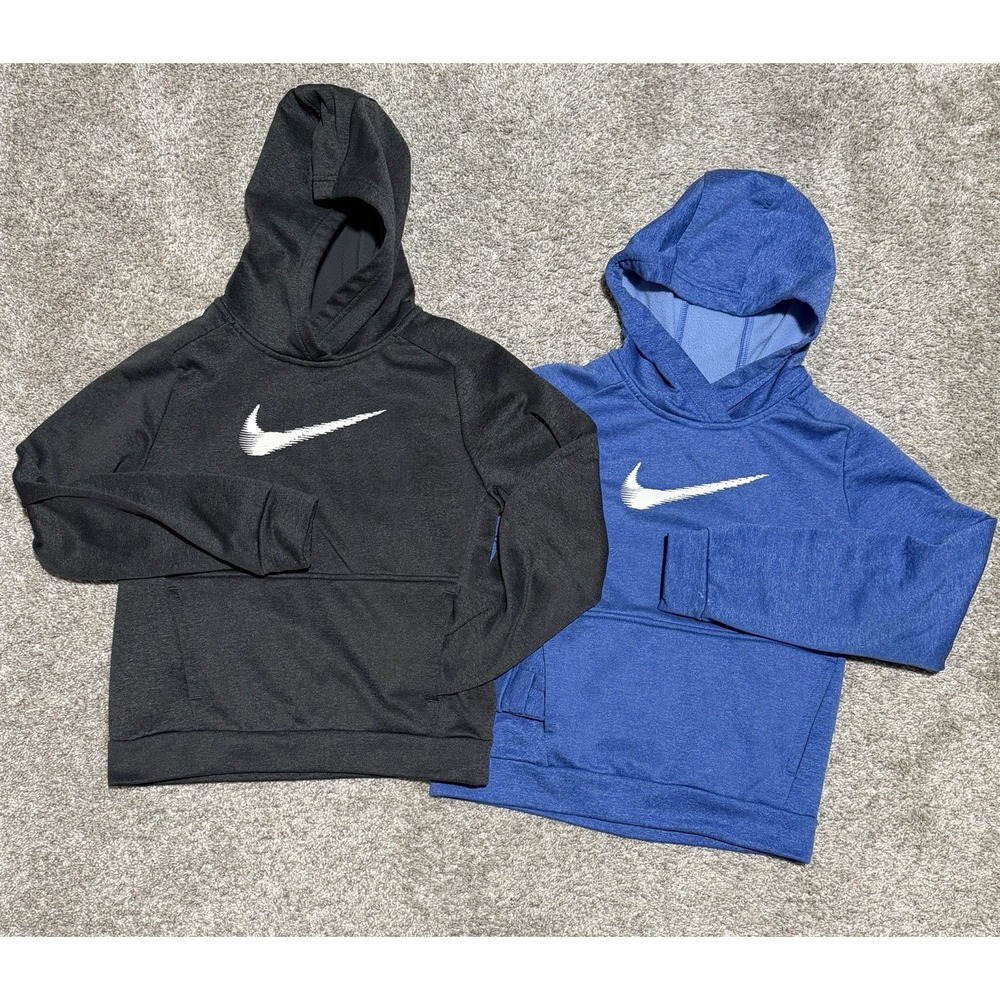 Nike Therma-FIT Youth Medium Hoodie Blue & Dark Gray Swoosh Pullover Sweatshirt